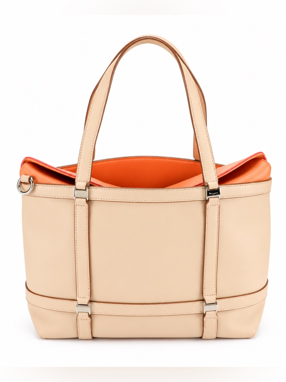 Ferragamo Vara Structured Leather Tote Bag, Cream with Coral Interior